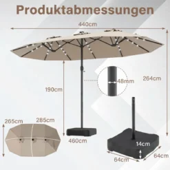 470 cm Großer Doppel-Terrassenschirm mit 48 Solar-LED-Lichtern & Basis Außenschirm