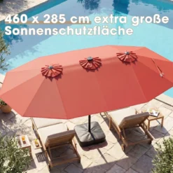 470 cm Großer Doppel-Terrassenschirm mit 48 Solar-LED-Lichtern & Basis Außenschirm