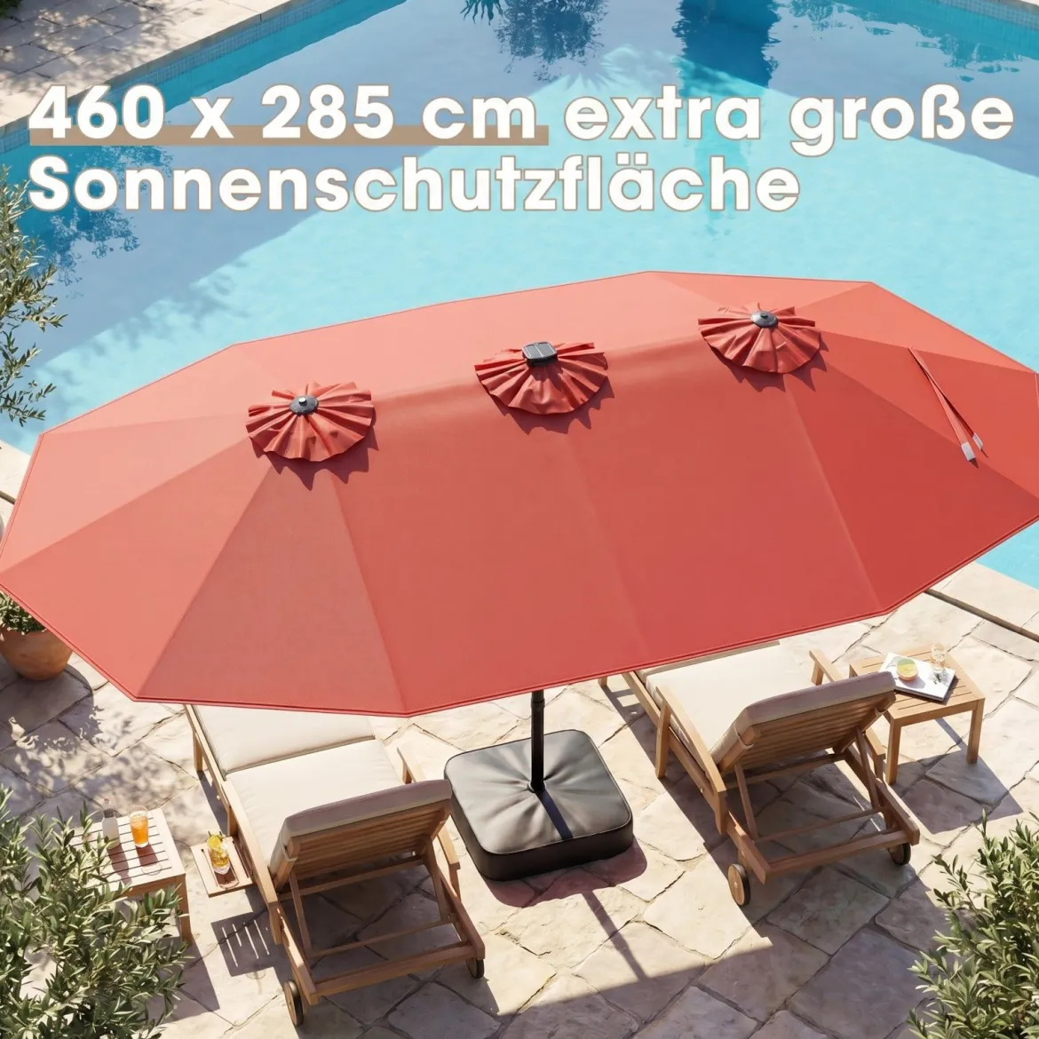 470 cm Großer Doppel-Terrassenschirm mit 48 Solar-LED-Lichtern & Basis Außenschirm
