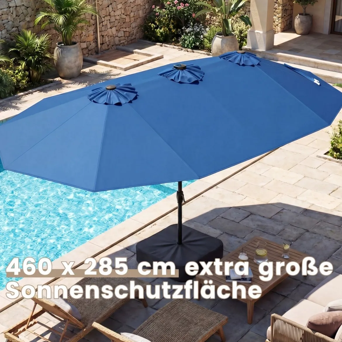 470 cm Großer Doppel-Terrassenschirm mit 48 Solar-LED-Lichtern & Basis Außenschirm