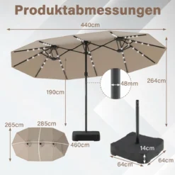 470 cm Großer Doppel-Terrassenschirm mit 48 Solar-LED-Lichtern & Basis Außenschirm