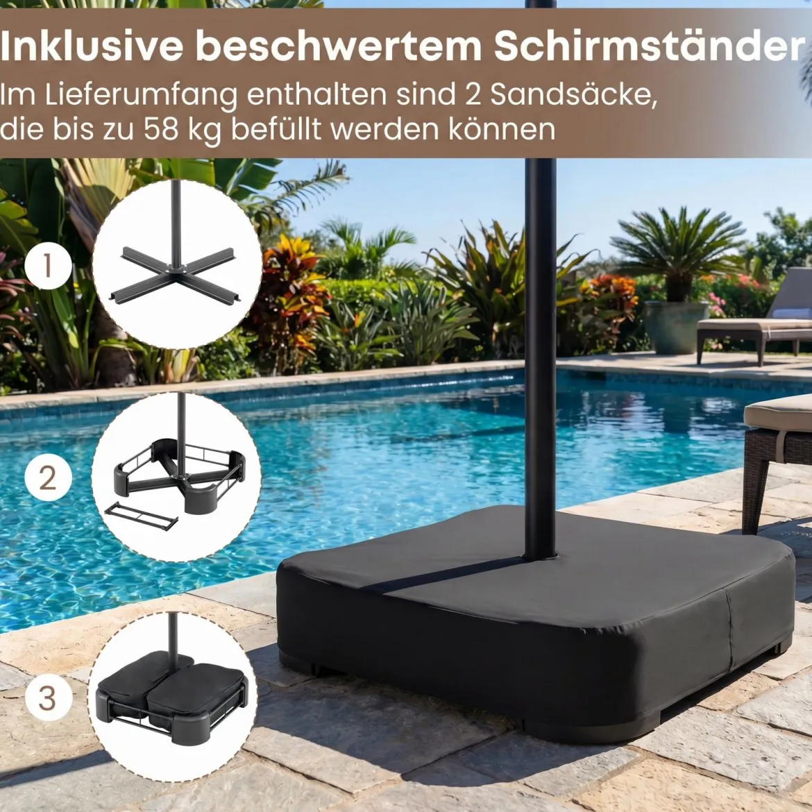 470 cm Großer Doppel-Terrassenschirm mit 48 Solar-LED-Lichtern & Basis Außenschirm