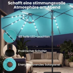 470 cm Großer Doppel-Terrassenschirm mit 48 Solar-LED-Lichtern & Basis Außenschirm