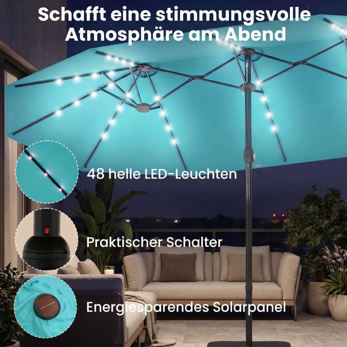 470 cm Großer Doppel-Terrassenschirm mit 48 Solar-LED-Lichtern & Basis Außenschirm