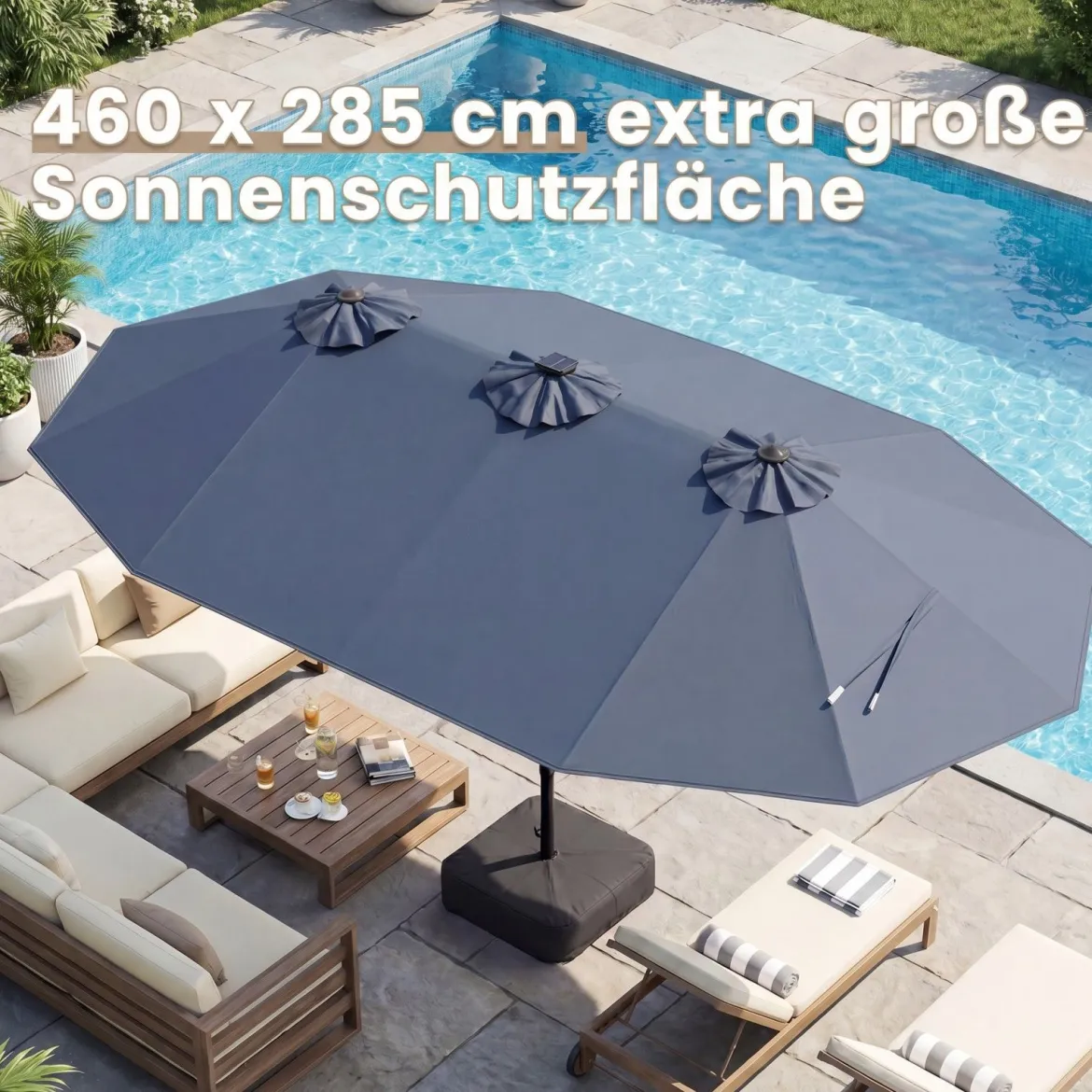 470 cm Großer Doppel-Terrassenschirm mit 48 Solar-LED-Lichtern & Basis Außenschirm