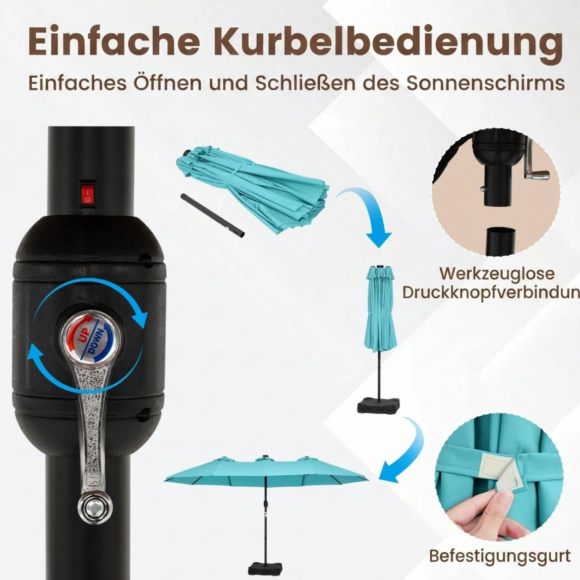 470 cm Großer Doppel-Terrassenschirm mit 48 Solar-LED-Lichtern & Basis Außenschirm