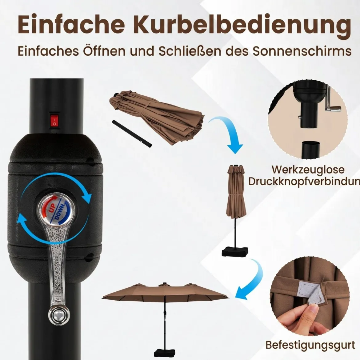 470 cm Großer Doppel-Terrassenschirm mit 48 Solar-LED-Lichtern & Basis Außenschirm
