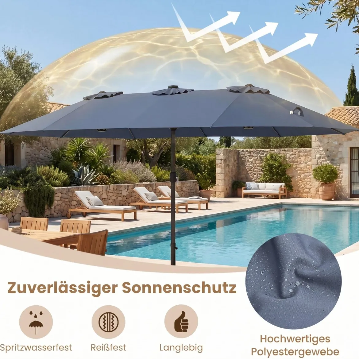 470 cm Großer Doppel-Terrassenschirm mit 48 Solar-LED-Lichtern & Basis Außenschirm