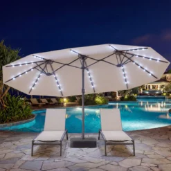 470 cm Großer Doppel-Terrassenschirm mit 48 Solar-LED-Lichtern & Basis Außenschirm