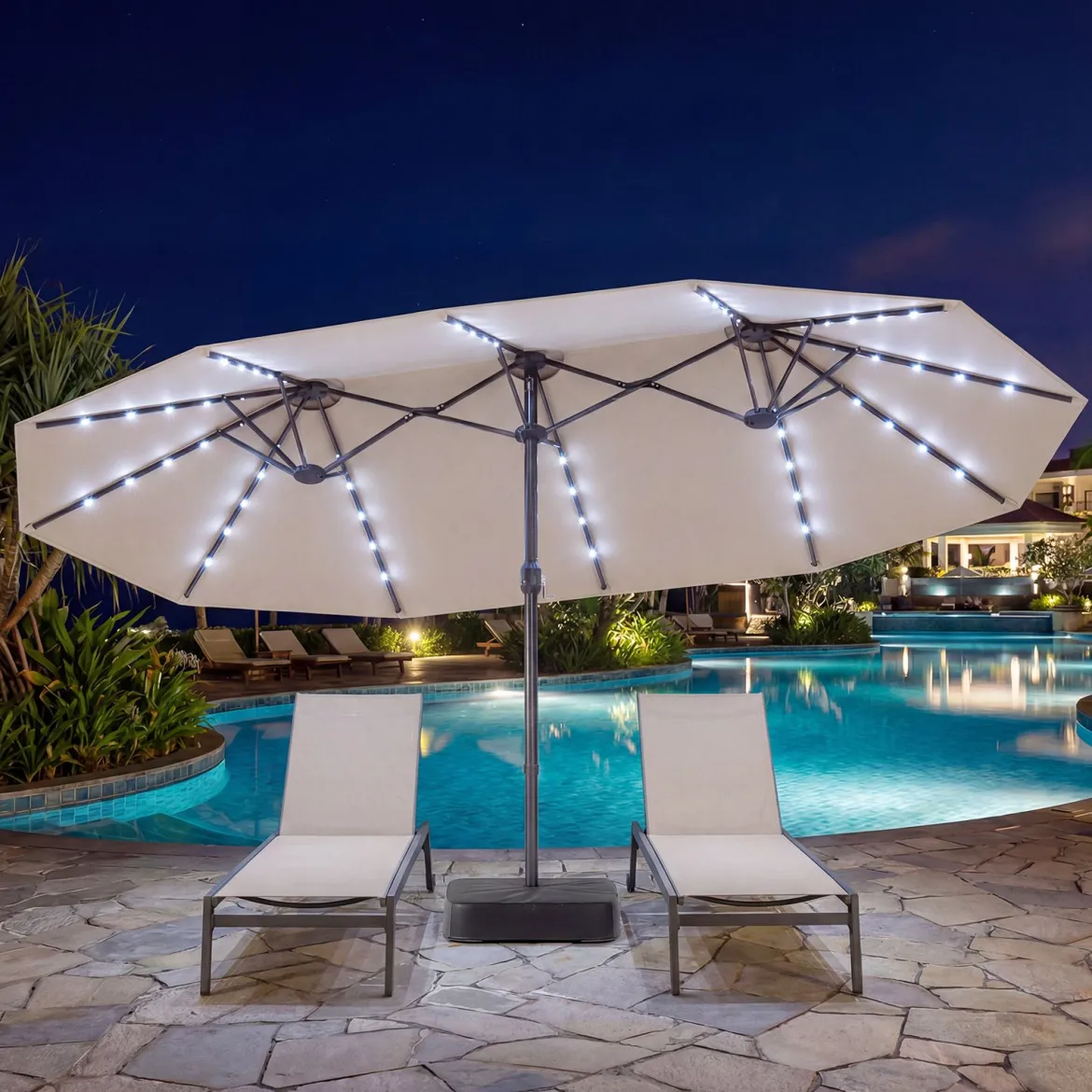 470 cm Großer Doppel-Terrassenschirm mit 48 Solar-LED-Lichtern & Basis Außenschirm