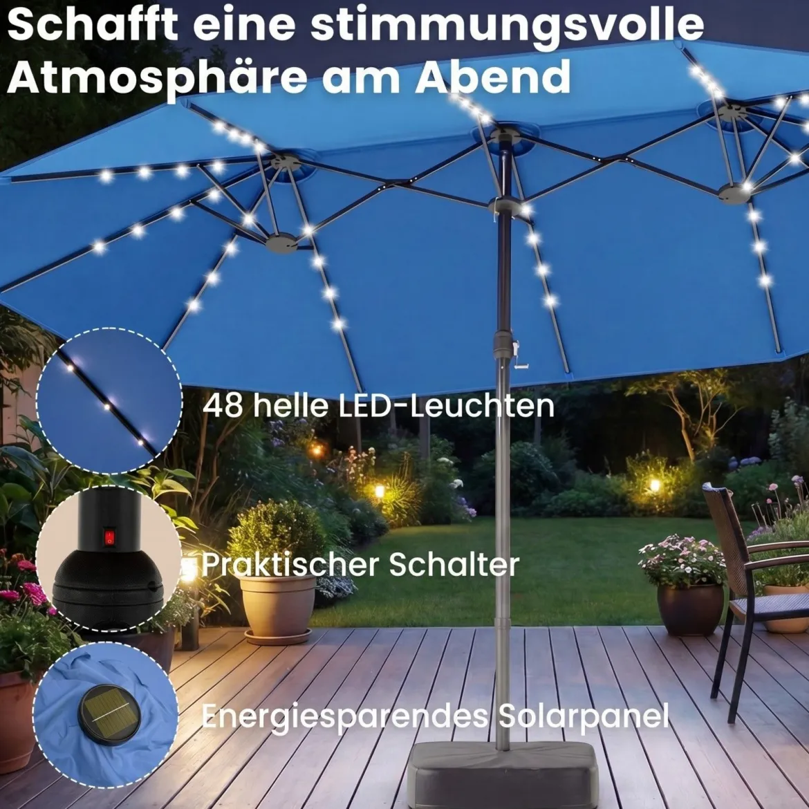 470 cm Großer Doppel-Terrassenschirm mit 48 Solar-LED-Lichtern & Basis Außenschirm