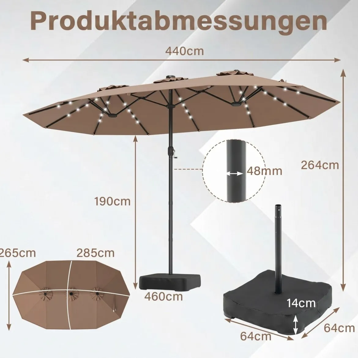470 cm Großer Doppel-Terrassenschirm mit 48 Solar-LED-Lichtern & Basis Außenschirm