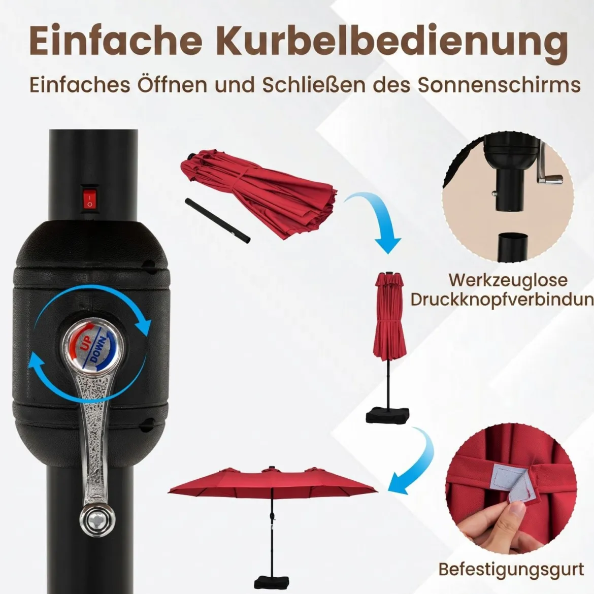 470 cm Großer Doppel-Terrassenschirm mit 48 Solar-LED-Lichtern & Basis Außenschirm