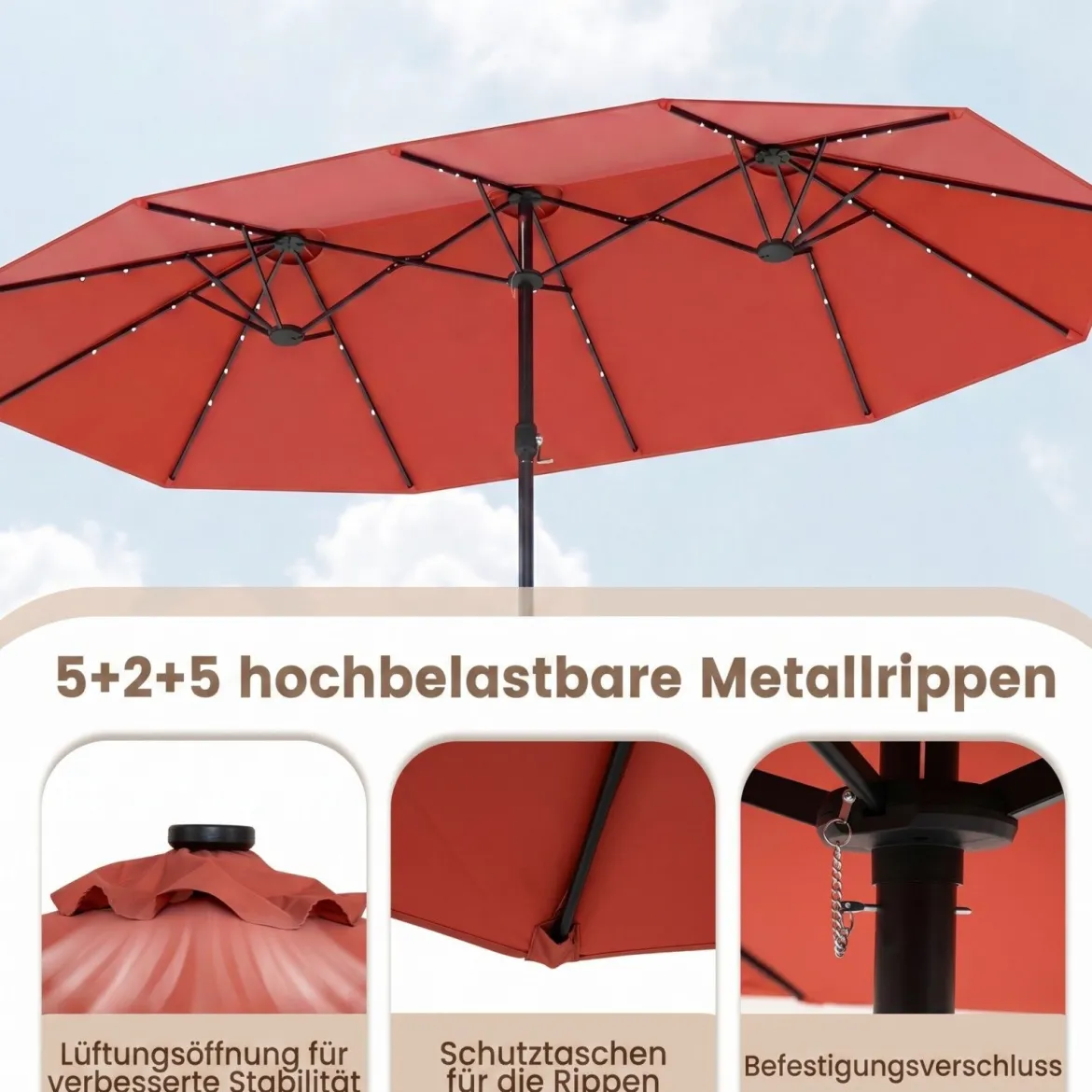 470 cm Großer Doppel-Terrassenschirm mit 48 Solar-LED-Lichtern & Basis Außenschirm