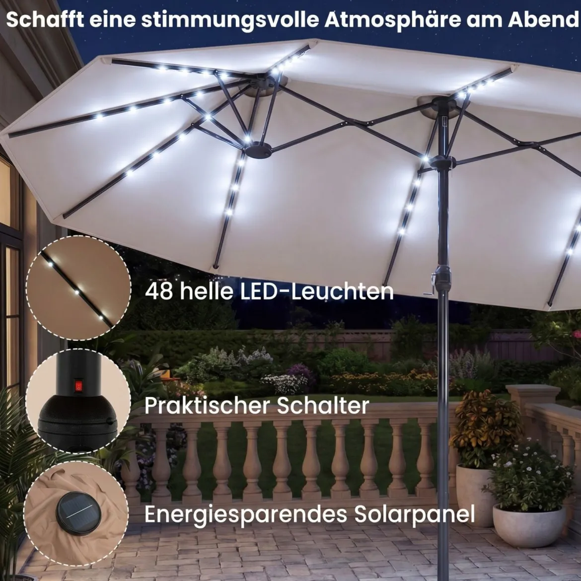 470 cm Großer Doppel-Terrassenschirm mit 48 Solar-LED-Lichtern & Basis Außenschirm