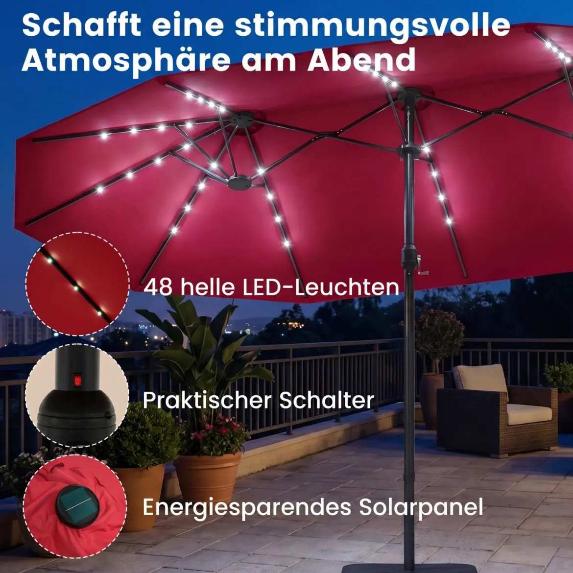 470 cm Großer Doppel-Terrassenschirm mit 48 Solar-LED-Lichtern & Basis Außenschirm