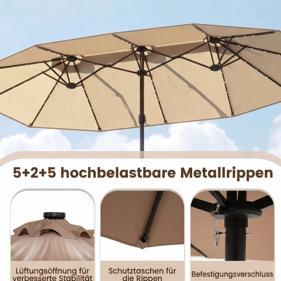 470 cm Großer Doppel-Terrassenschirm mit 48 Solar-LED-Lichtern & Basis Außenschirm