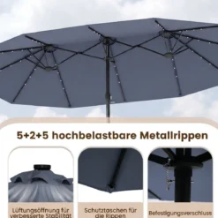 470 cm Großer Doppel-Terrassenschirm mit 48 Solar-LED-Lichtern & Basis Außenschirm
