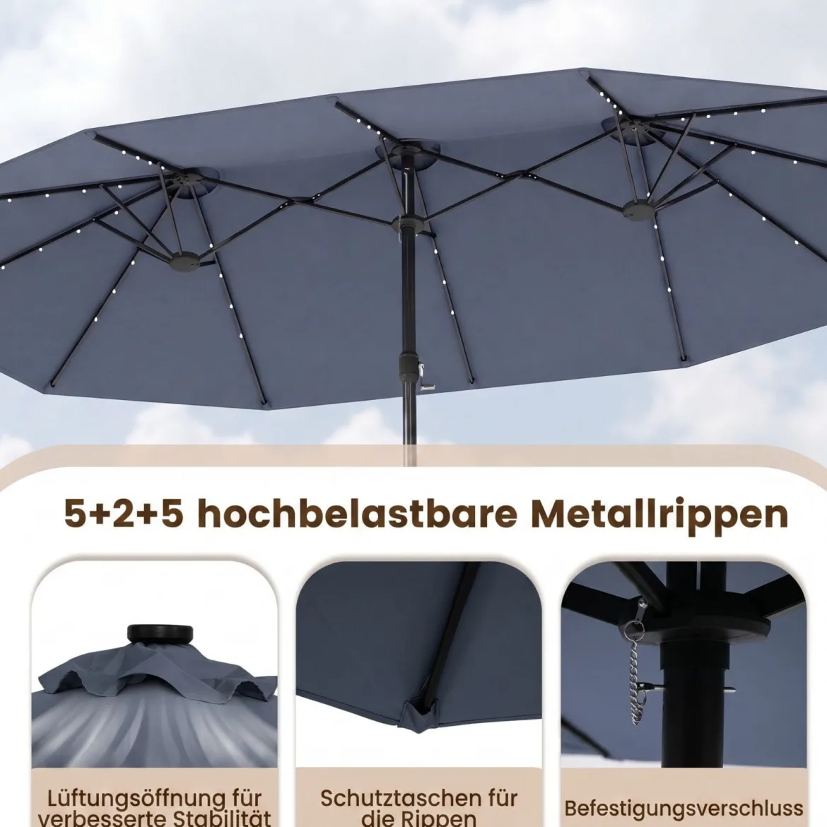 470 cm Großer Doppel-Terrassenschirm mit 48 Solar-LED-Lichtern & Basis Außenschirm