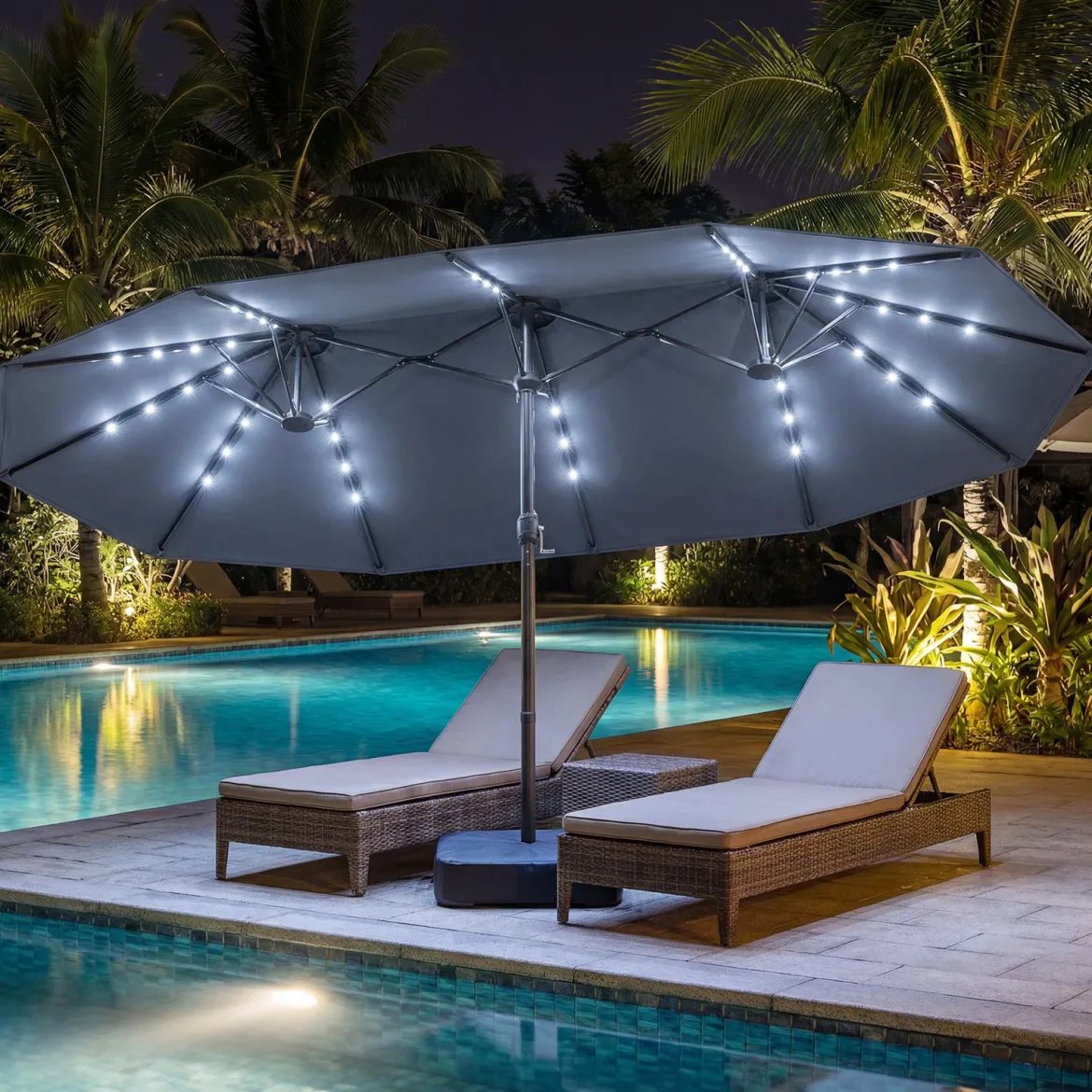 470 cm Großer Doppel-Terrassenschirm mit 48 Solar-LED-Lichtern & Basis Außenschirm