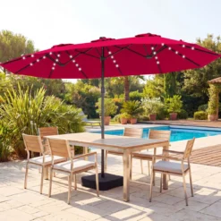 470 cm Großer Doppel-Terrassenschirm mit 48 Solar-LED-Lichtern & Basis Außenschirm