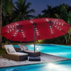 470 cm Großer Doppel-Terrassenschirm mit 48 Solar-LED-Lichtern & Basis Außenschirm