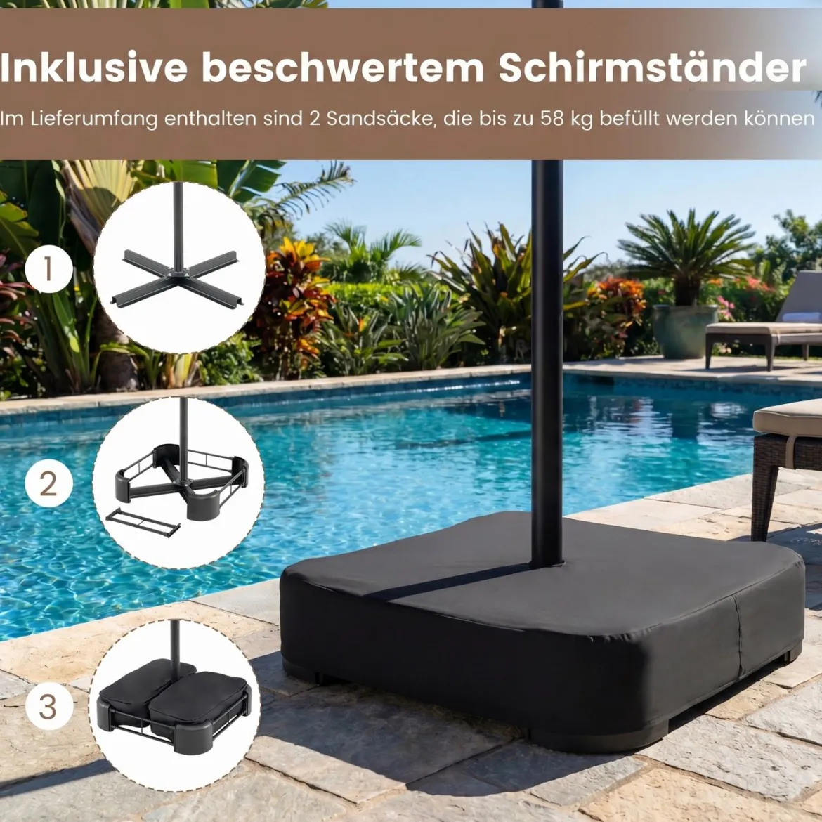 470 cm Großer Doppel-Terrassenschirm mit 48 Solar-LED-Lichtern & Basis Außenschirm