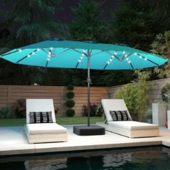 470 cm Großer Doppel-Terrassenschirm mit 48 Solar-LED-Lichtern & Basis Außenschirm