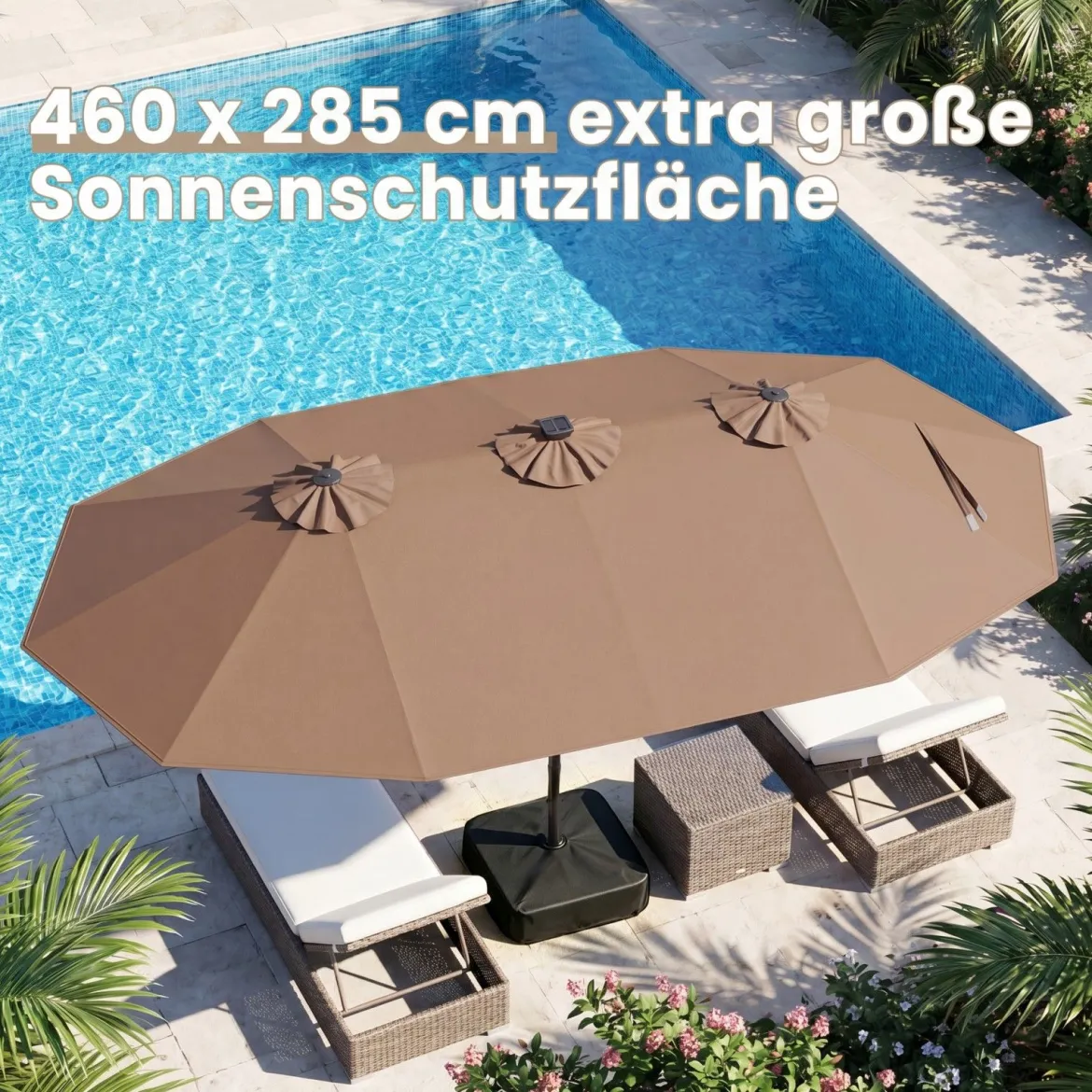 470 cm Großer Doppel-Terrassenschirm mit 48 Solar-LED-Lichtern & Basis Außenschirm