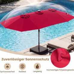 470 cm Großer Doppel-Terrassenschirm mit 48 Solar-LED-Lichtern & Basis Außenschirm