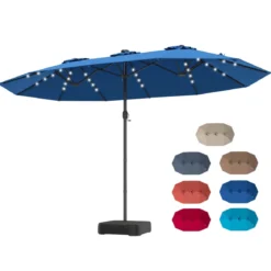 470 cm Großer Doppel-Terrassenschirm mit 48 Solar-LED-Lichtern & Basis Außenschirm