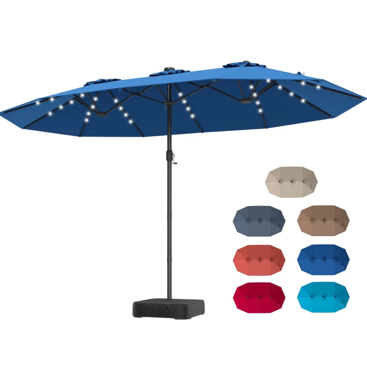 470 cm Großer Doppel-Terrassenschirm mit 48 Solar-LED-Lichtern & Basis Außenschirm