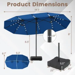 470 cm Großer Doppel-Terrassenschirm mit 48 Solar-LED-Lichtern & Basis Außenschirm