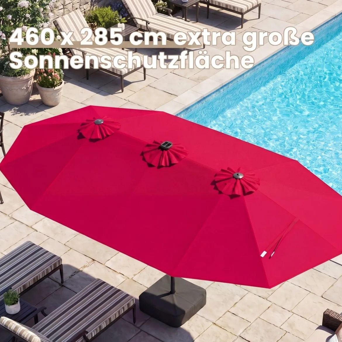470 cm Großer Doppel-Terrassenschirm mit 48 Solar-LED-Lichtern & Basis Außenschirm