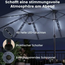 470 cm Großer Doppel-Terrassenschirm mit 48 Solar-LED-Lichtern & Basis Außenschirm