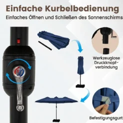 470 cm Großer Doppel-Terrassenschirm mit 48 Solar-LED-Lichtern & Basis Außenschirm