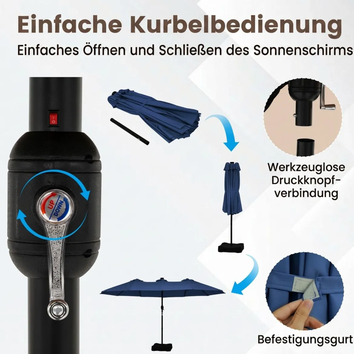 470 cm Großer Doppel-Terrassenschirm mit 48 Solar-LED-Lichtern & Basis Außenschirm
