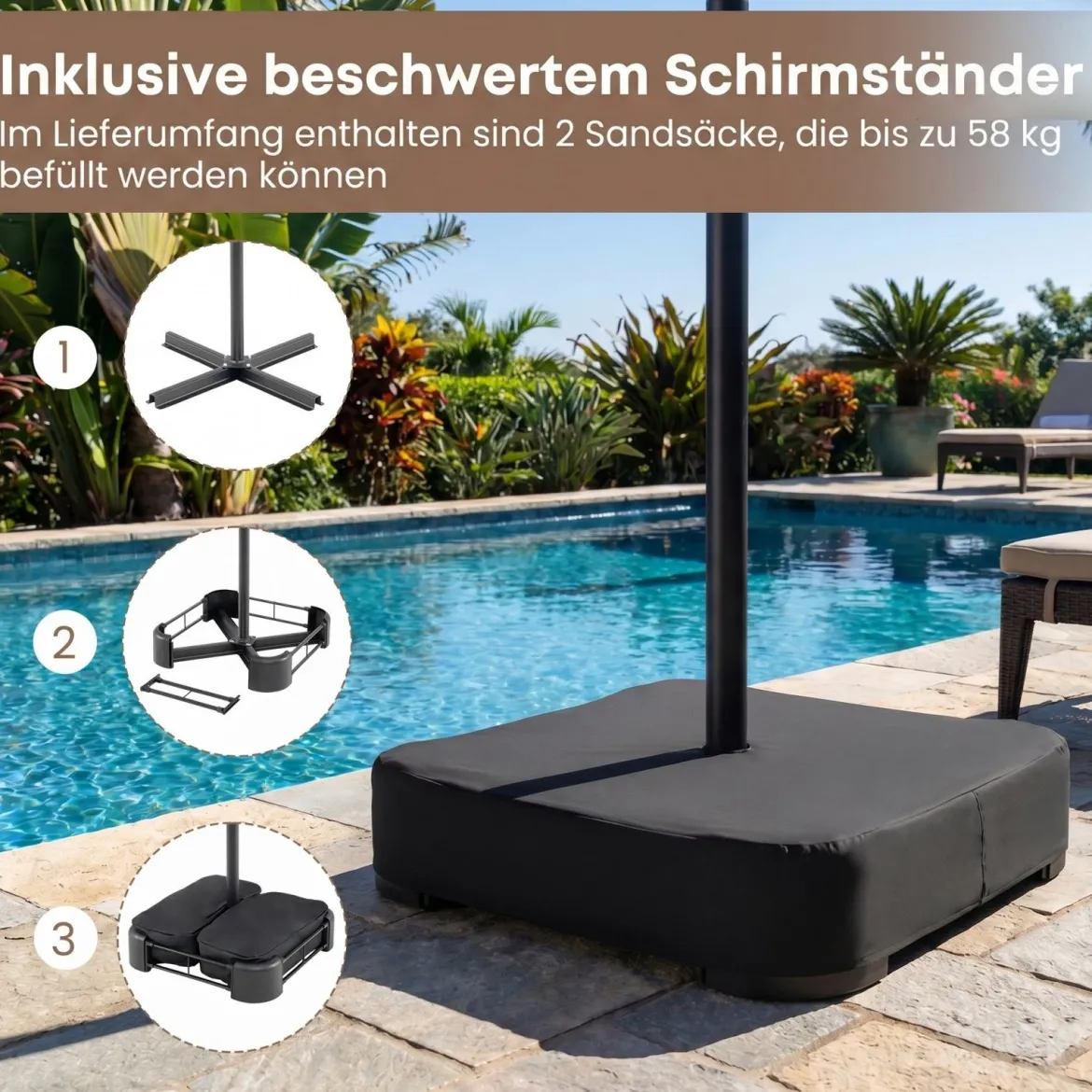 470 cm Großer Doppel-Terrassenschirm mit 48 Solar-LED-Lichtern & Basis Außenschirm
