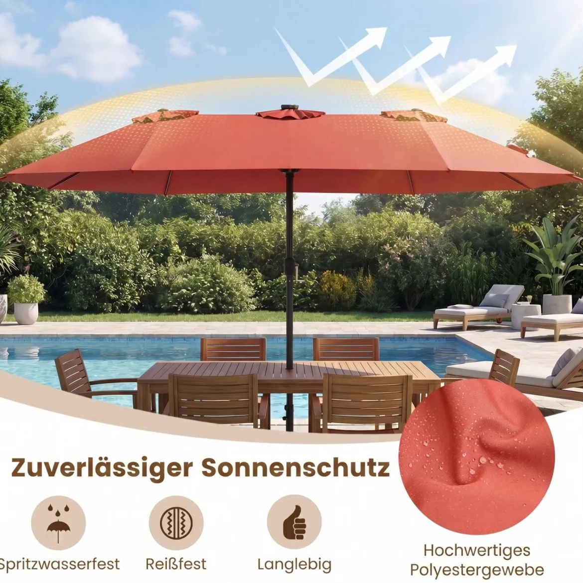 470 cm Großer Doppel-Terrassenschirm mit 48 Solar-LED-Lichtern & Basis Außenschirm