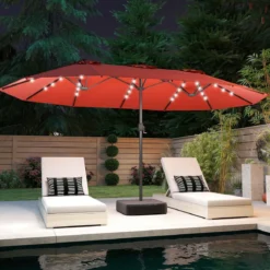 470 cm Großer Doppel-Terrassenschirm mit 48 Solar-LED-Lichtern & Basis Außenschirm