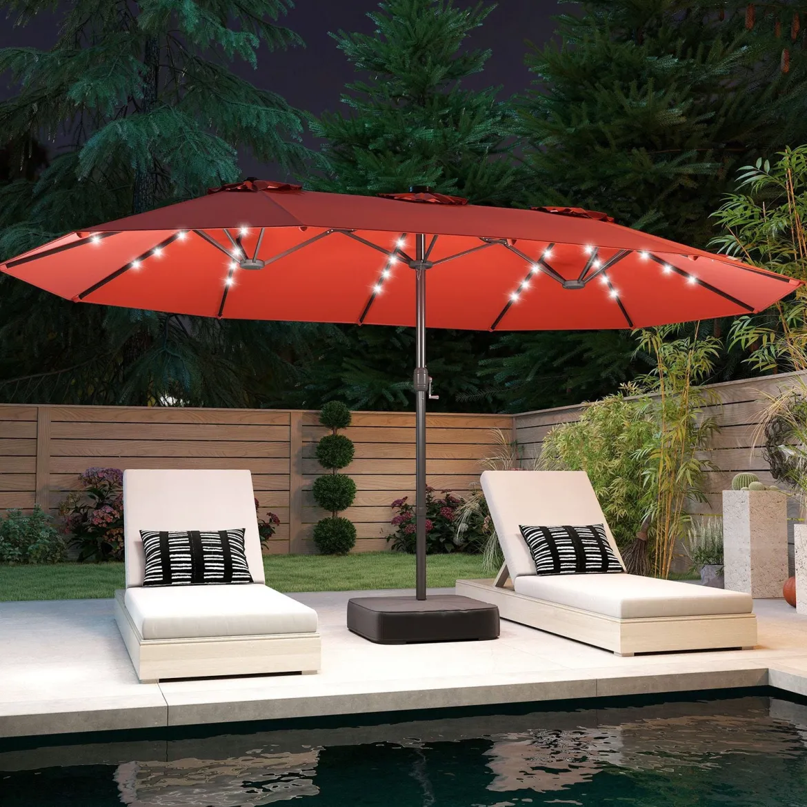 470 cm Großer Doppel-Terrassenschirm mit 48 Solar-LED-Lichtern & Basis Außenschirm