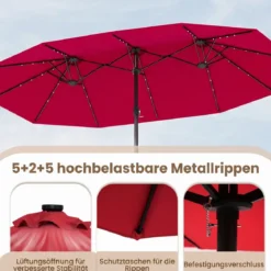 470 cm Großer Doppel-Terrassenschirm mit 48 Solar-LED-Lichtern & Basis Außenschirm