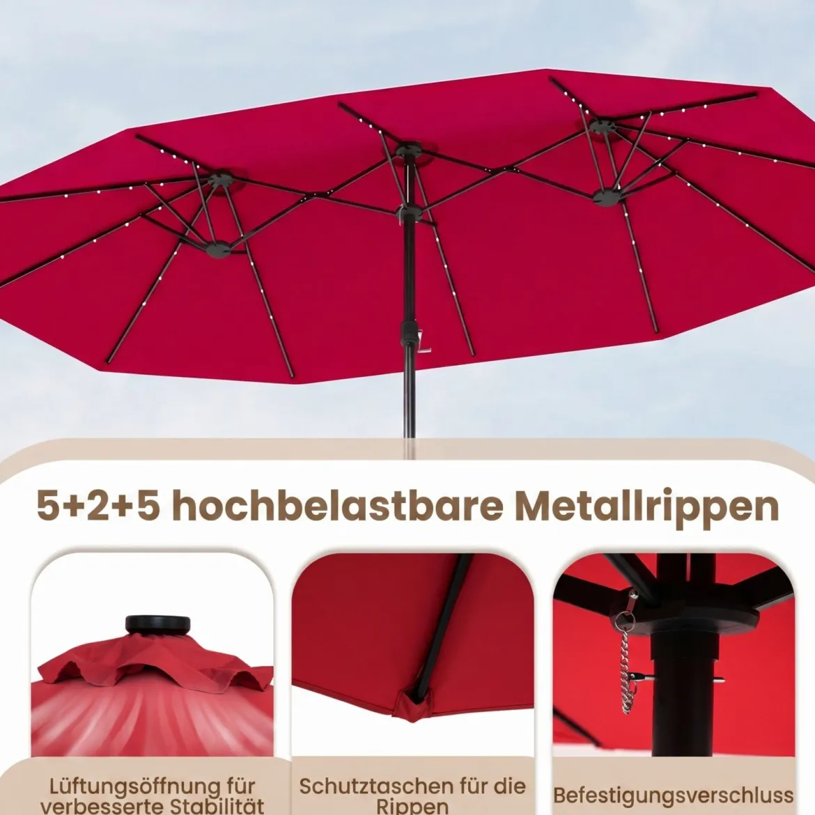 470 cm Großer Doppel-Terrassenschirm mit 48 Solar-LED-Lichtern & Basis Außenschirm