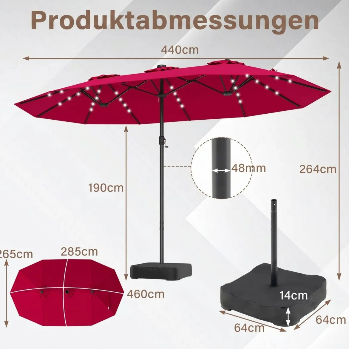 470 cm Großer Doppel-Terrassenschirm mit 48 Solar-LED-Lichtern & Basis Außenschirm