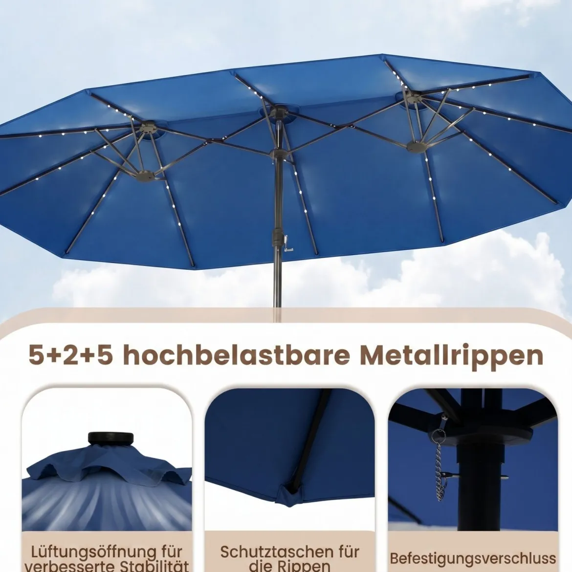 470 cm Großer Doppel-Terrassenschirm mit 48 Solar-LED-Lichtern & Basis Außenschirm