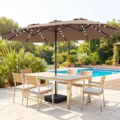 470 cm Großer Doppel-Terrassenschirm mit 48 Solar-LED-Lichtern & Basis Außenschirm