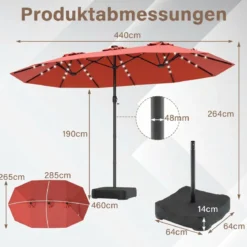 470 cm Großer Doppel-Terrassenschirm mit 48 Solar-LED-Lichtern & Basis Außenschirm