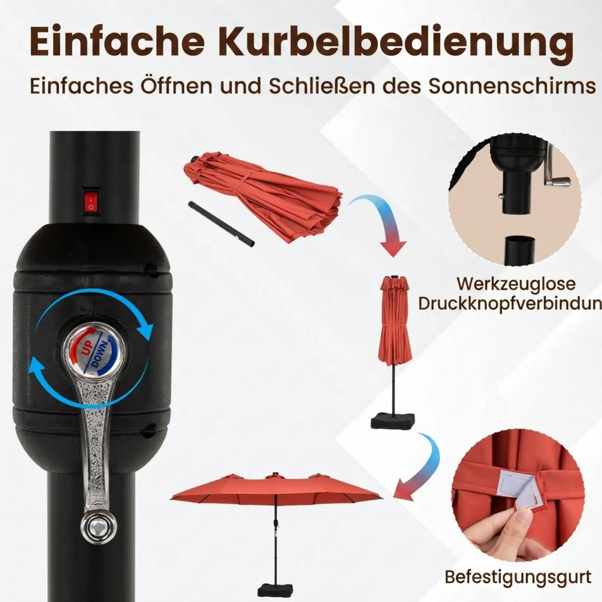 470 cm Großer Doppel-Terrassenschirm mit 48 Solar-LED-Lichtern & Basis Außenschirm