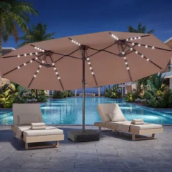 470 cm Großer Doppel-Terrassenschirm mit 48 Solar-LED-Lichtern & Basis Außenschirm