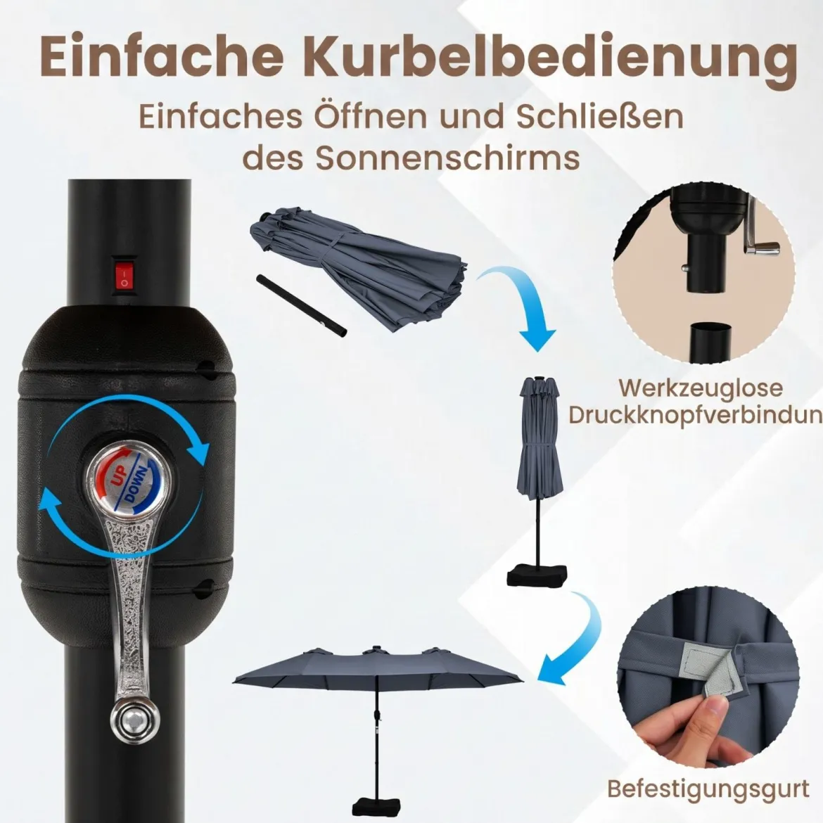 470 cm Großer Doppel-Terrassenschirm mit 48 Solar-LED-Lichtern & Basis Außenschirm